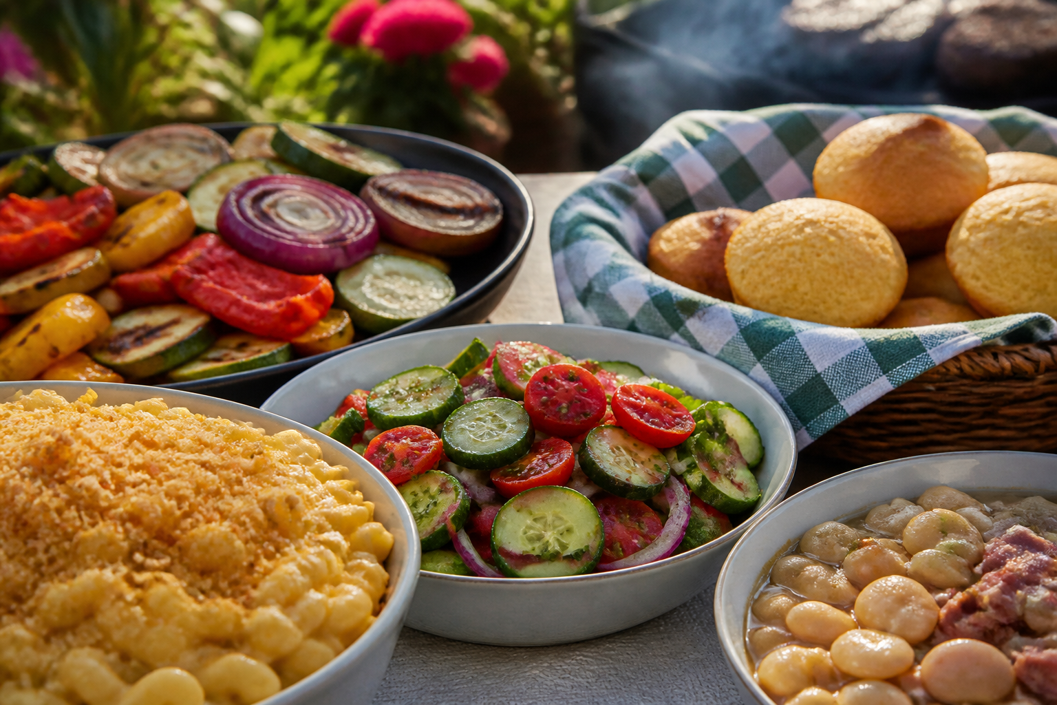 15 BBQ Party Setup Ideas for Your Backyard 27 BBQ side dishes including mac and cheese, grilled vegetables, cucumber salad, and cornbread