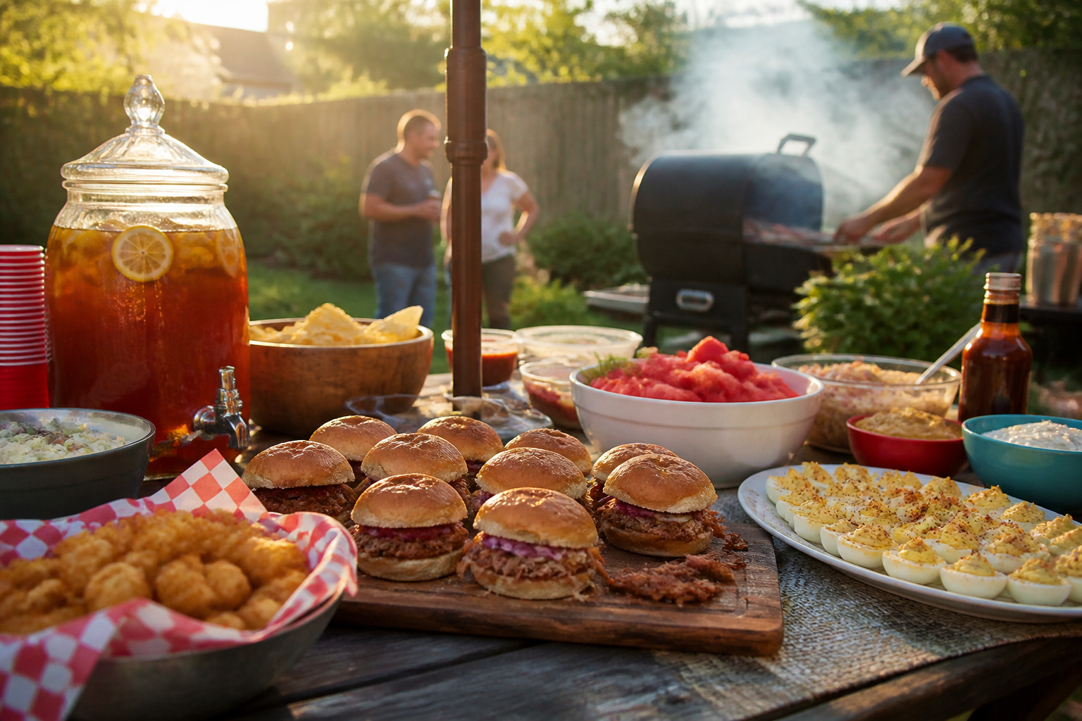 15 BBQ Party Setup Ideas for Your Backyard 28 Casual BBQ party spread with pulled pork sliders, tater tots, watermelon, and deviled eggs