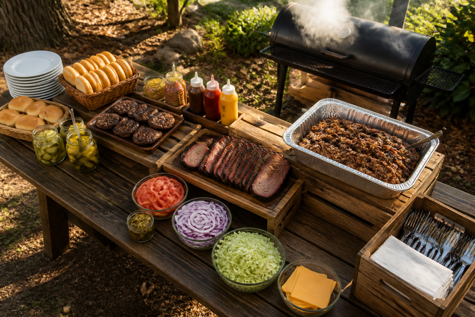 15 BBQ Party Setup Ideas for Your Backyard 20 Multi level BBQ buffet station with pulled pork, brisket, burgers, and assorted toppings