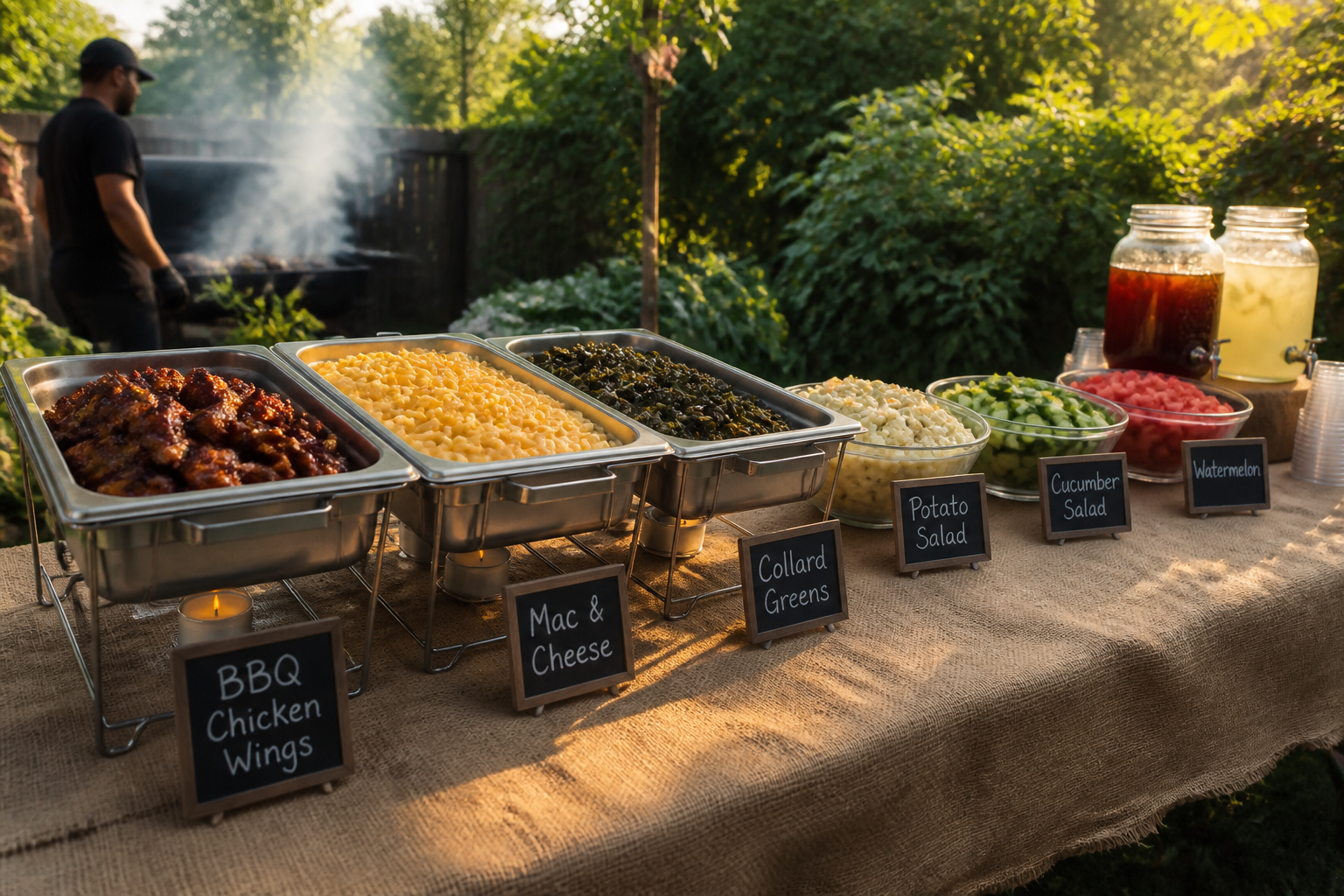 15 BBQ Party Setup Ideas for Your Backyard 21 BBQ buffet table with chafing dishes, cold salads, drinks, and chalkboard labels
