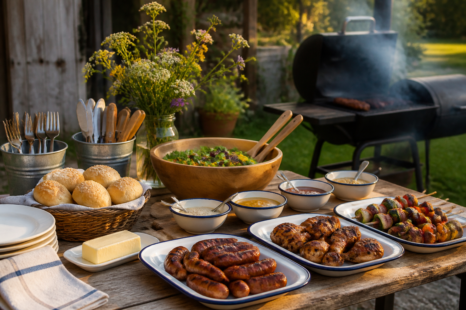 15 BBQ Party Setup Ideas for Your Backyard 22 Rustic farm table BBQ buffet with grilled sausages, chicken, vegetable skewers, and salad