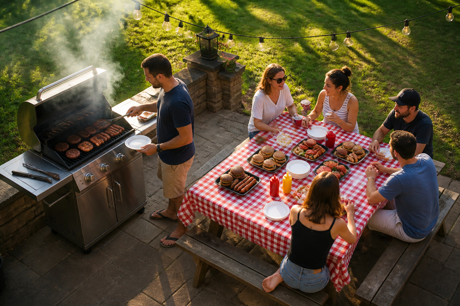 15 BBQ Party Setup Ideas for Your Backyard 17 Casual backyard BBQ setup with grill, picnic table, burgers, hot dogs, and condiments
