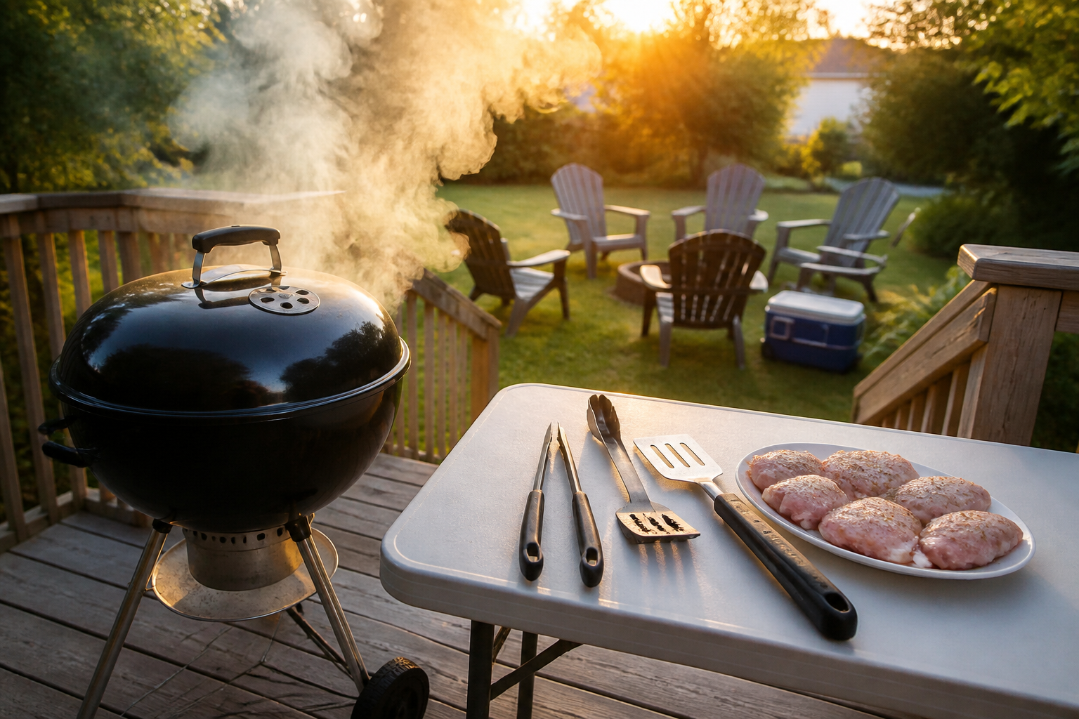 15 BBQ Party Setup Ideas for Your Backyard 18 Backyard deck BBQ setup with charcoal grill, prep table with tools, and seating area