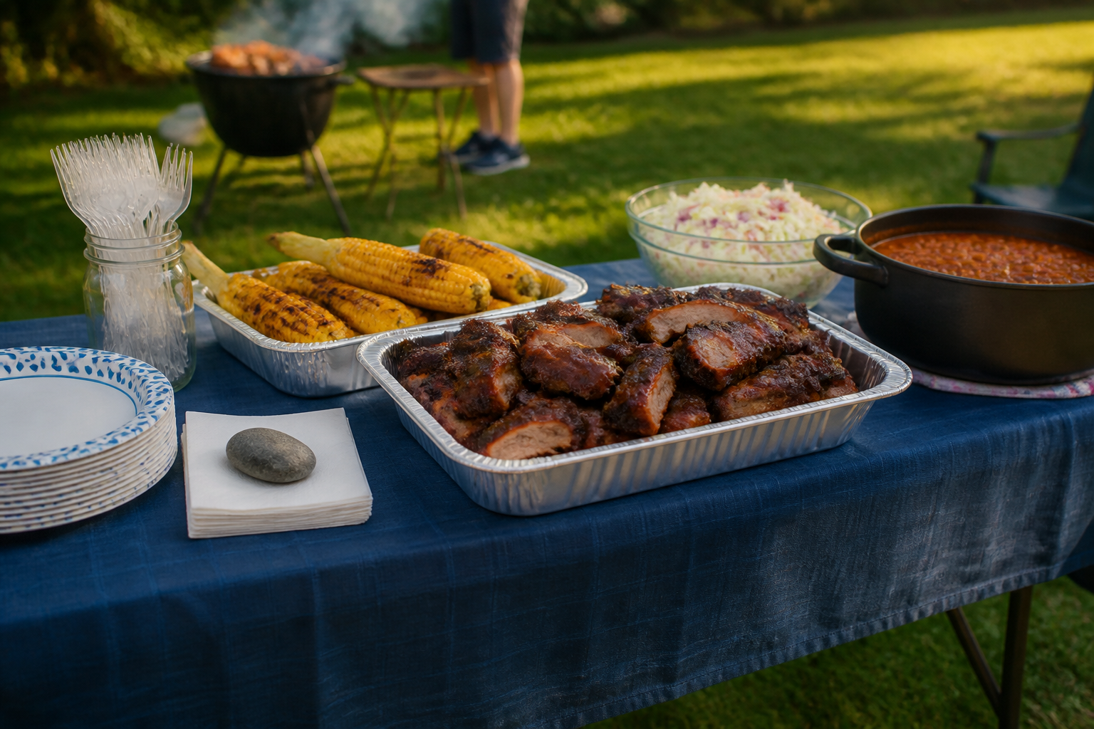 15 BBQ Party Setup Ideas for Your Backyard 19 Simple BBQ buffet table with ribs, corn, coleslaw, and baked beans on backyard lawn
