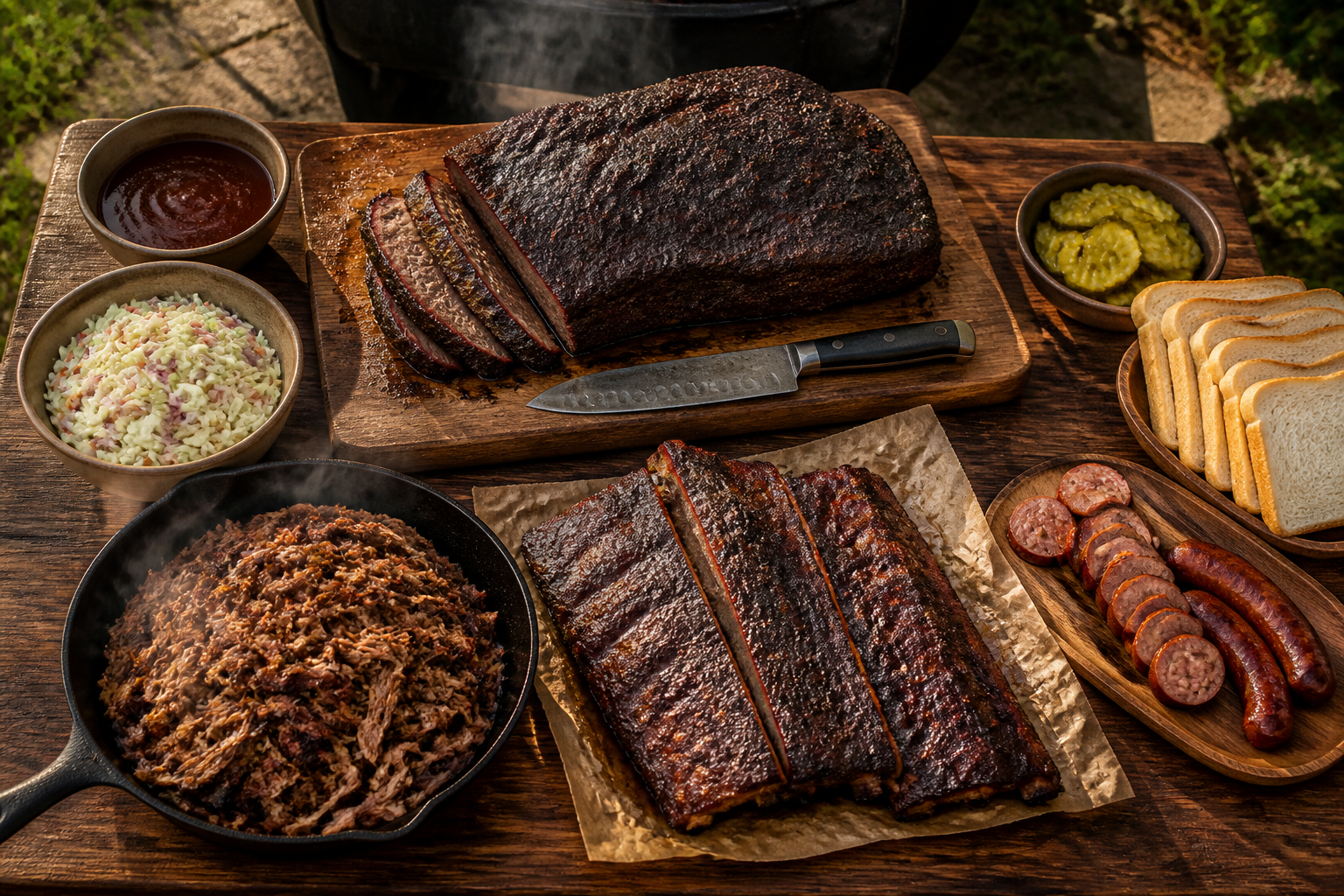 15 BBQ Party Setup Ideas for Your Backyard 23 Smoked meat bar with brisket, pulled pork, ribs, and sausage on butcher block table