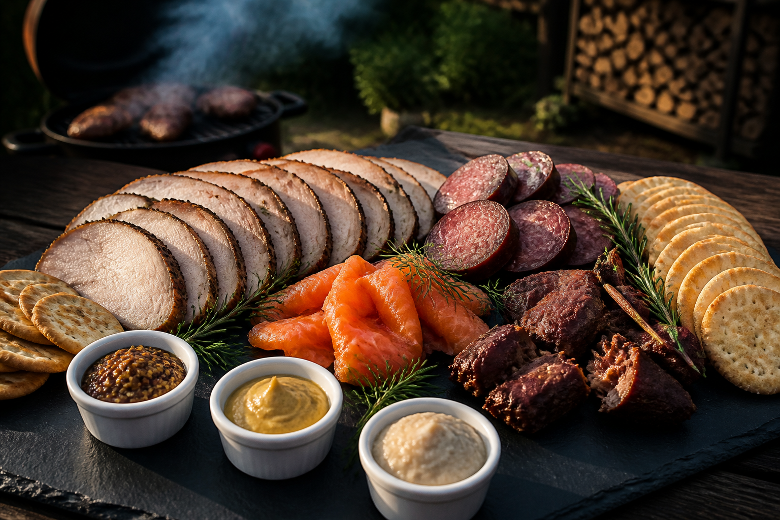15 BBQ Party Setup Ideas for Your Backyard 24 Charcuterie style smoked meat board with turkey, salmon, venison sausage, and goat meat