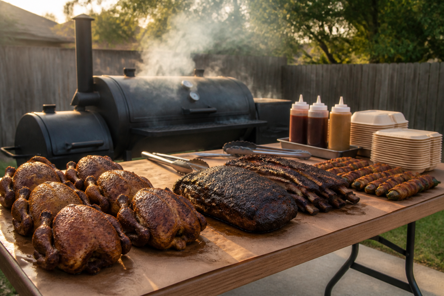 15 BBQ Party Setup Ideas for Your Backyard 25 Outdoor smoked meat station with smoker, whole chickens, pork butt, and beef ribs