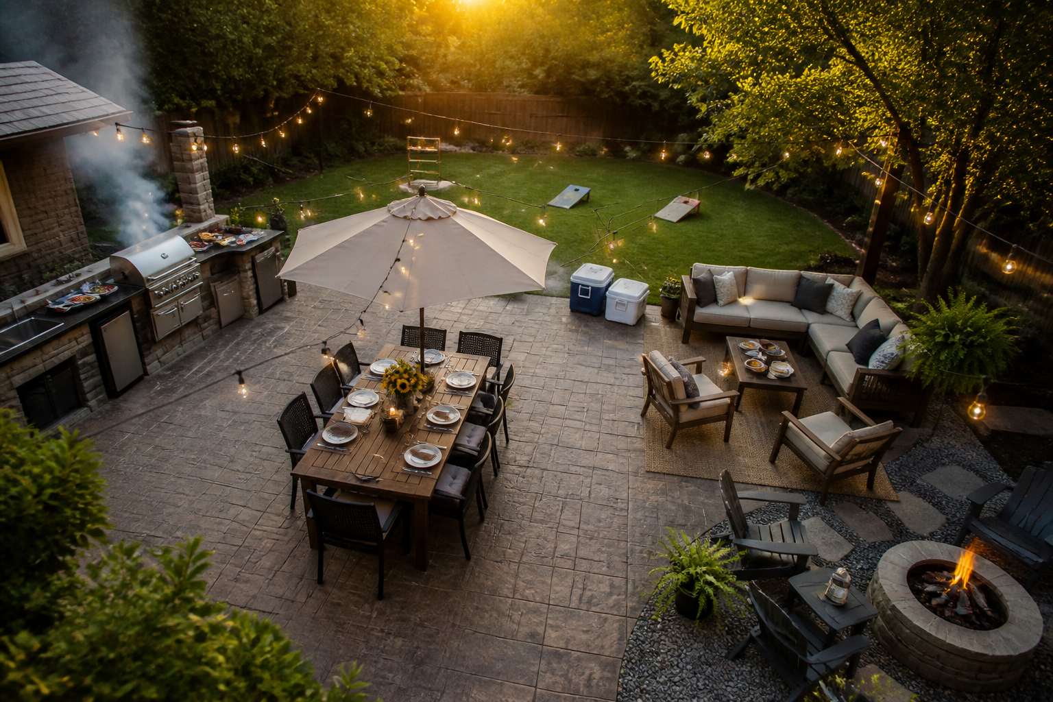 15 BBQ Party Setup Ideas for Your Backyard 29 Complete backyard grilling party layout with cooking, dining, and lounge zones