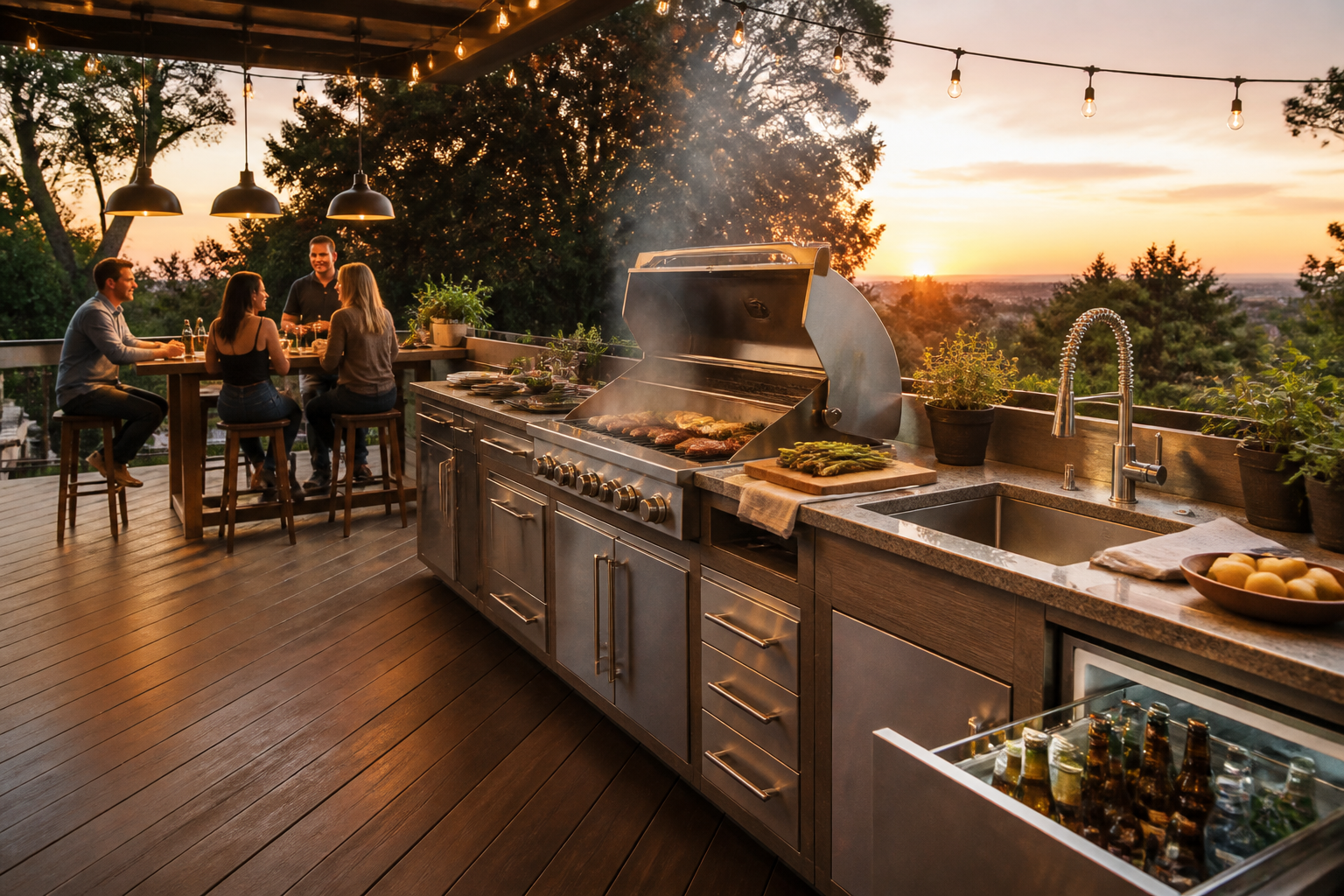 15 BBQ Party Setup Ideas for Your Backyard 30 Deck grilling party layout with built in grill station, bar seating, and herb planters