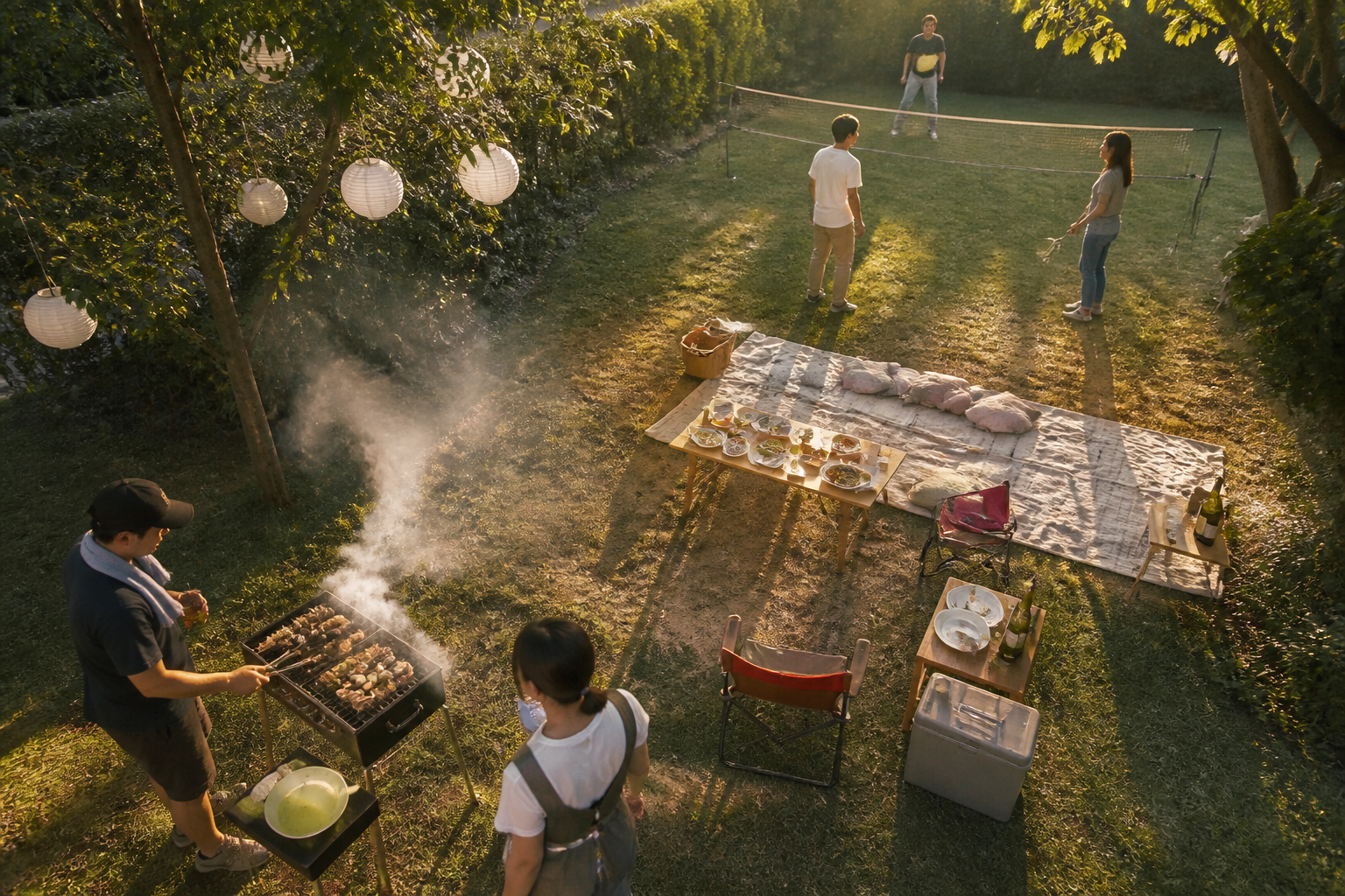 15 BBQ Party Setup Ideas for Your Backyard 31 Casual lawn grilling party layout with picnic blankets, portable grill, and games