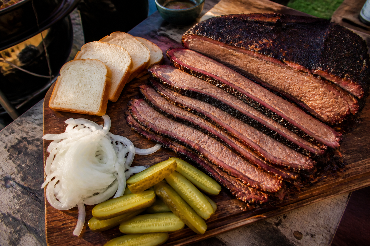 15 Brisket Serving Ideas for Your Next Cookout 17 Texas-style smoked brisket platter with pickles, onions, and white bread on wooden board