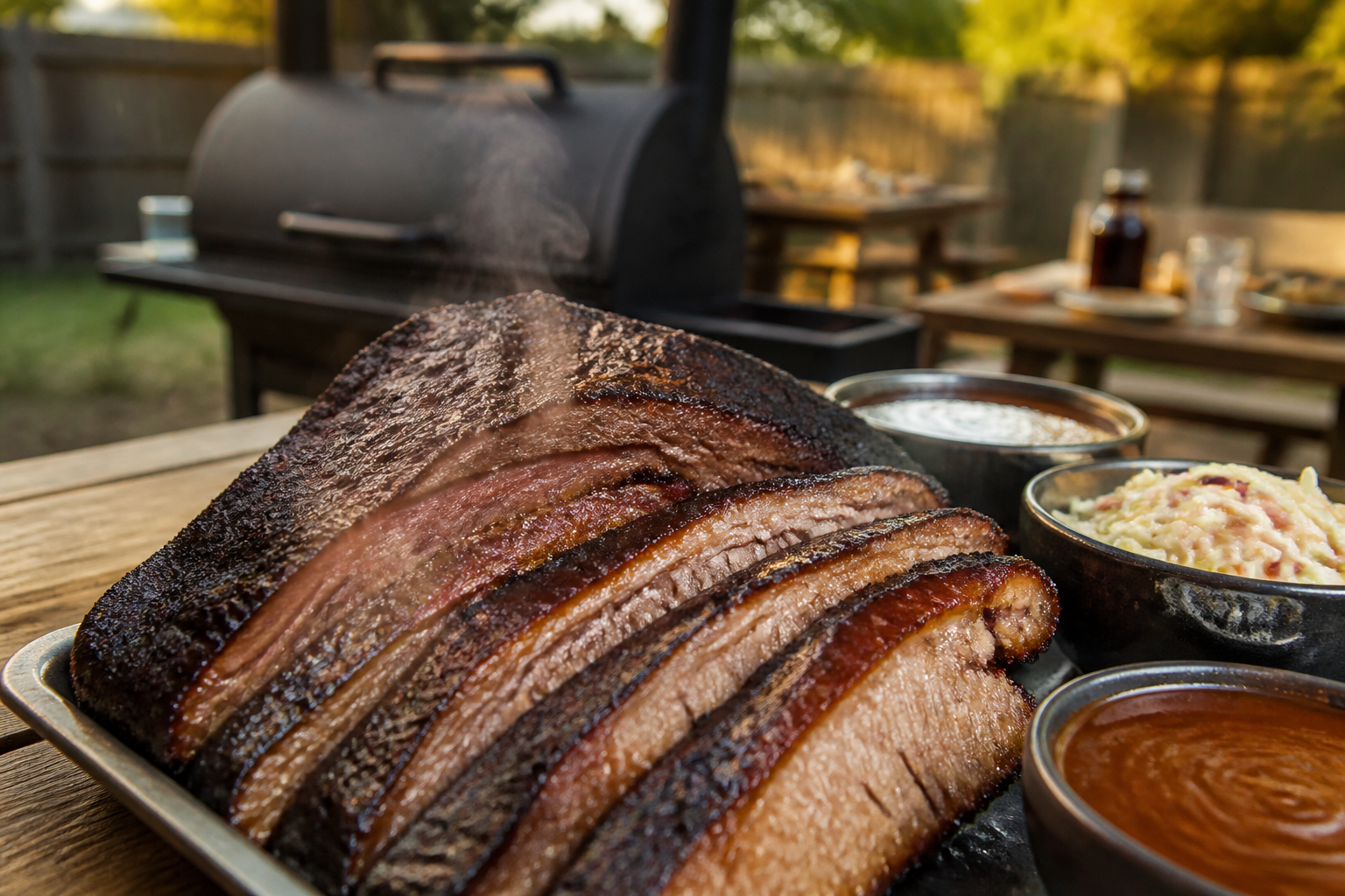 15 Brisket Serving Ideas for Your Next Cookout 18 Sliced smoked brisket on metal tray with barbecue sauce and coleslaw sides