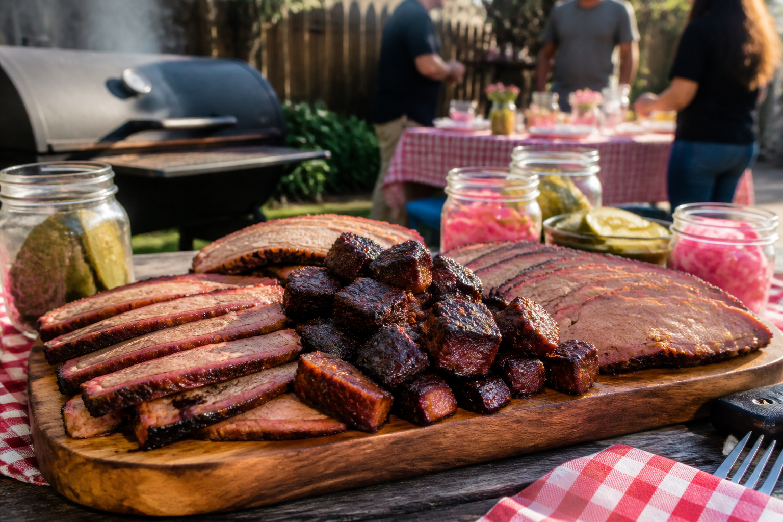 15 Brisket Serving Ideas for Your Next Cookout 19 Family-style brisket platter with burnt ends, sliced meat, and pickled vegetables
