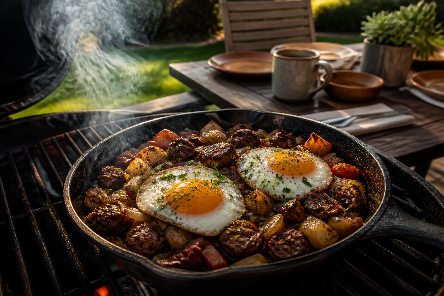 15 Brisket Serving Ideas for Your Next Cookout 29 Brisket hash with potatoes, peppers, and fried eggs in cast iron skillet