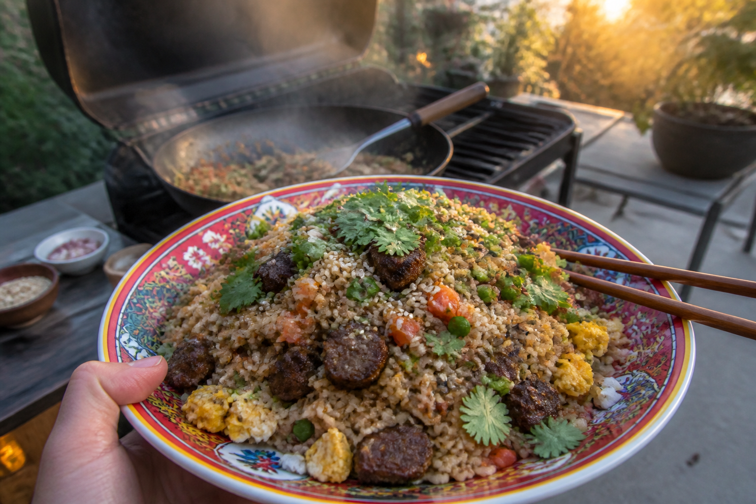 15 Brisket Serving Ideas for Your Next Cookout 31 Brisket fried rice with eggs, vegetables, and scallions garnished with sesame seeds