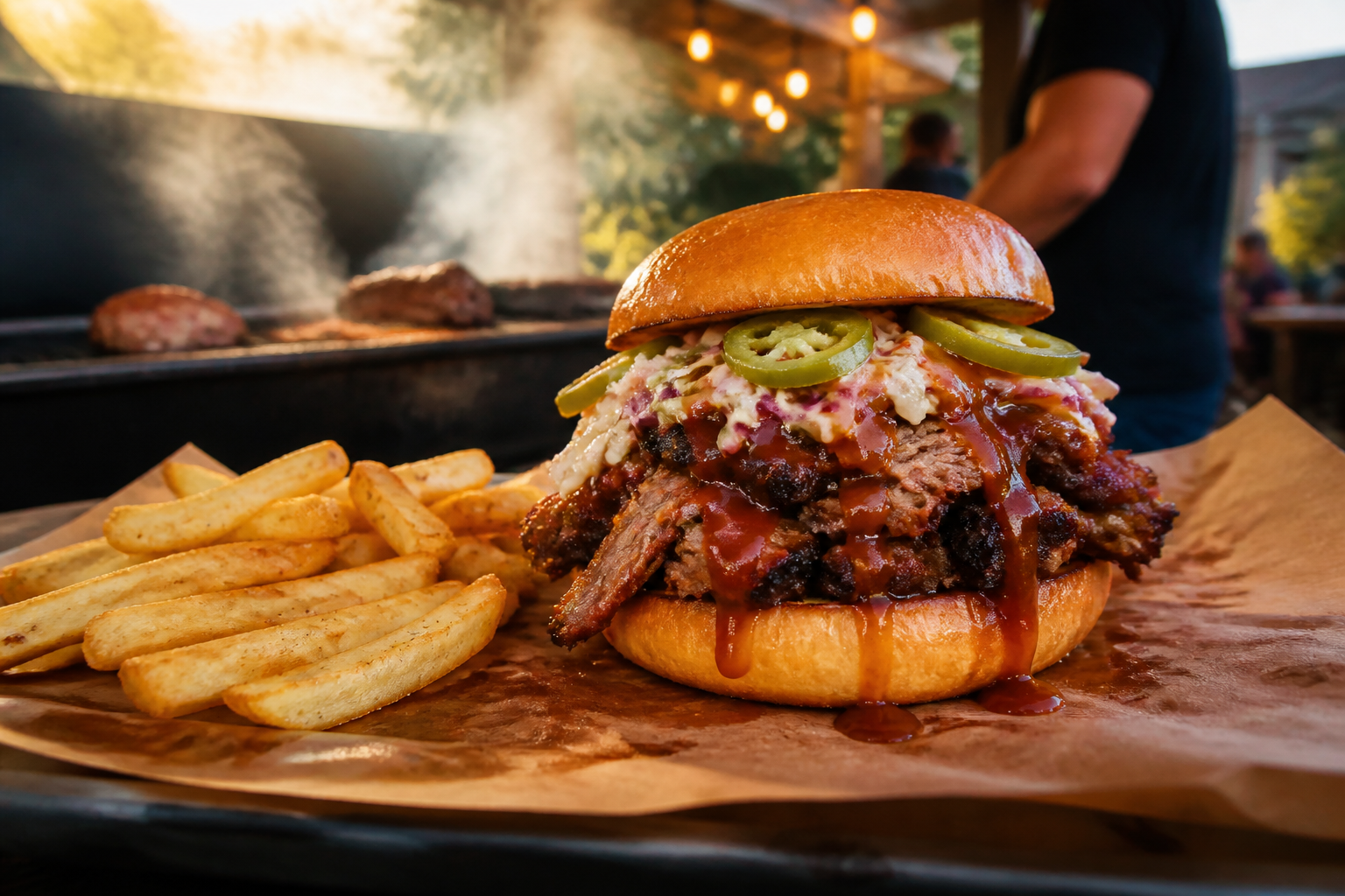 15 Brisket Serving Ideas for Your Next Cookout 20 Brisket sandwich on brioche bun with barbecue sauce, coleslaw, and pickled jalapeños