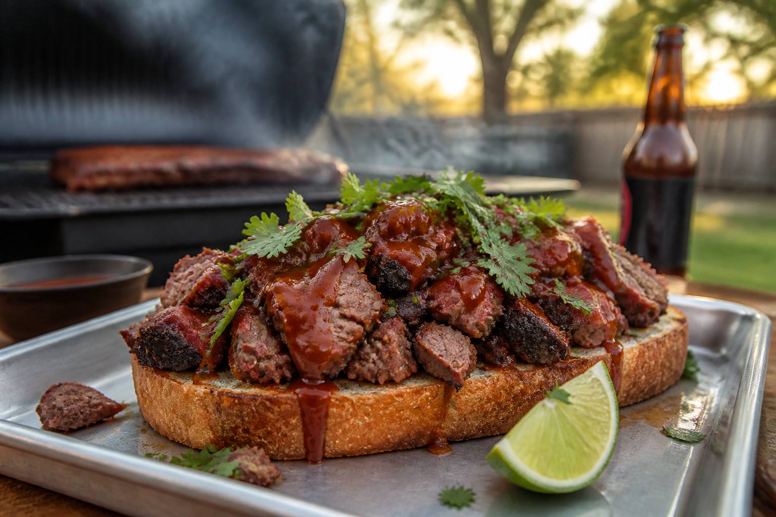 15 Brisket Serving Ideas for Your Next Cookout 22 Open-faced brisket sandwich on Texas toast with spicy barbecue sauce and cilantro