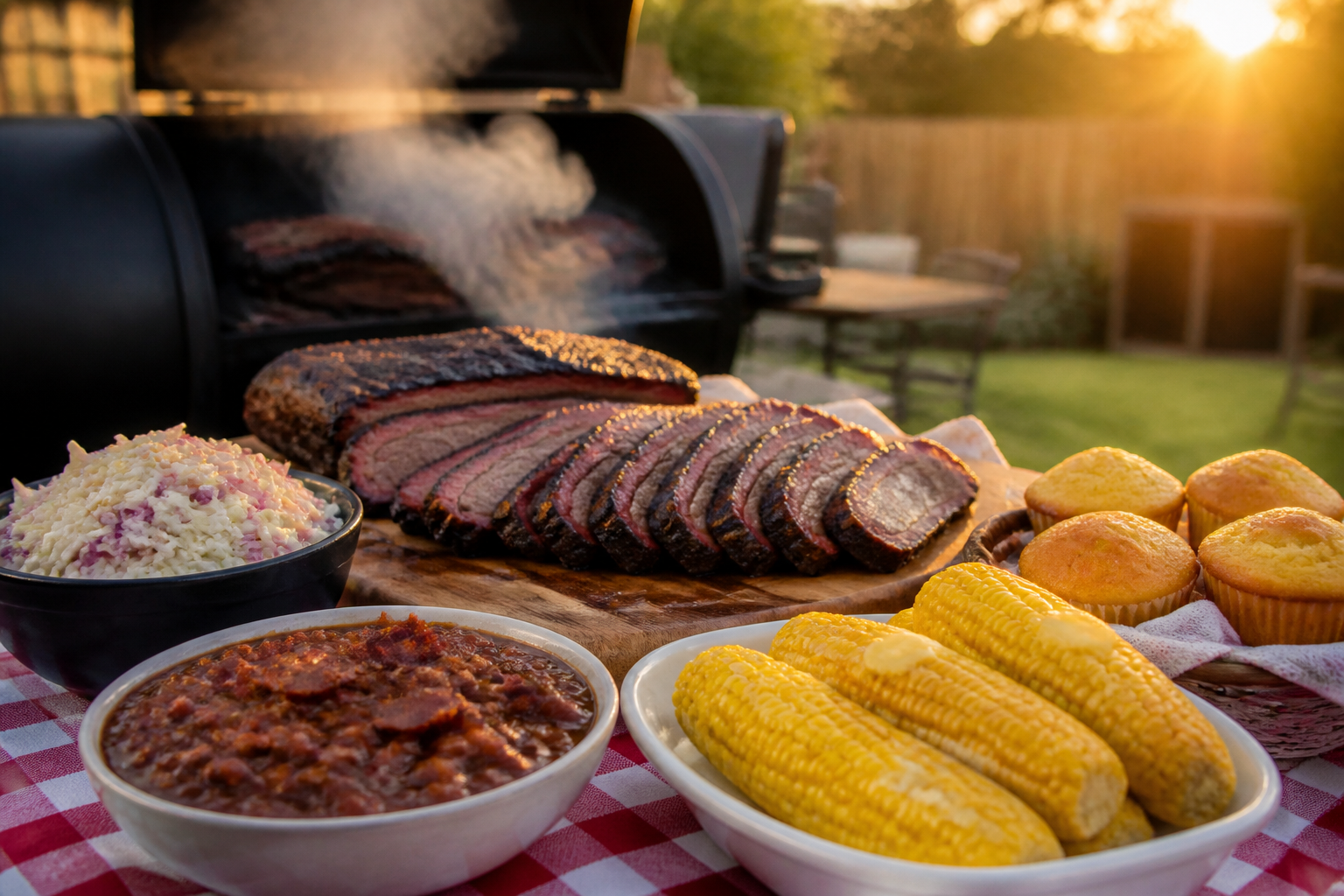 15 Brisket Serving Ideas for Your Next Cookout 26 Brisket cookout spread with coleslaw, baked beans, corn on the cob, and cornbread