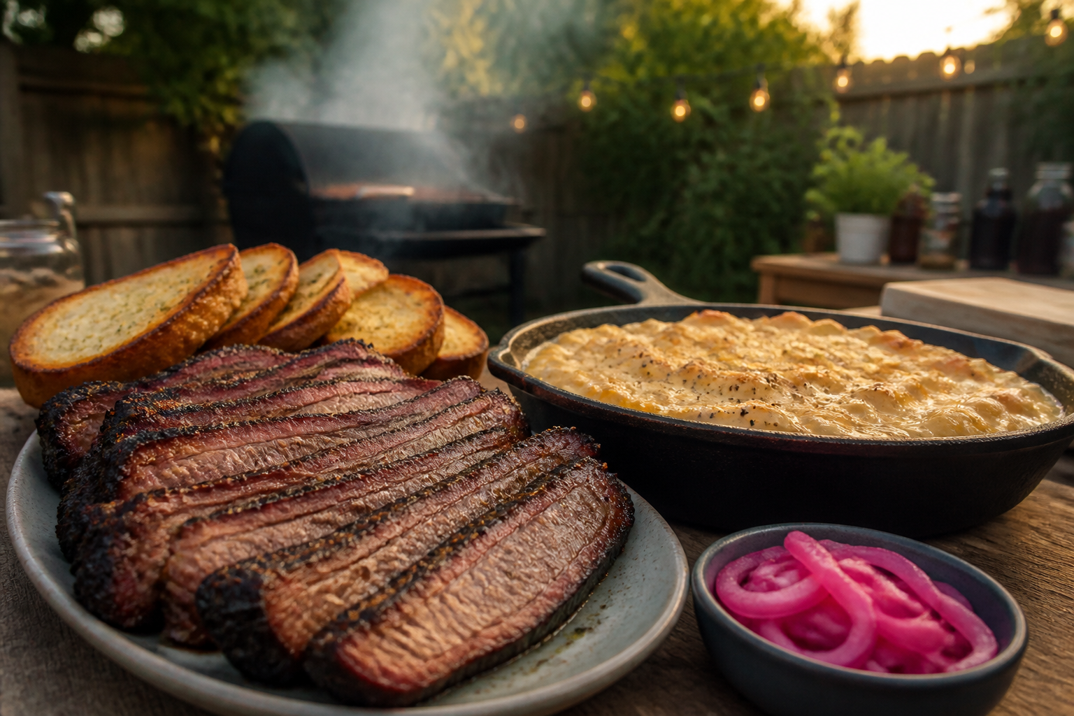 15 Brisket Serving Ideas for Your Next Cookout 27 Brisket plated with mac and cheese, garlic bread, and pickled red onions