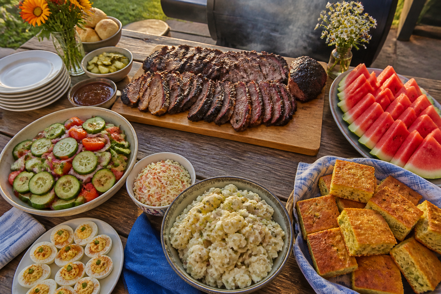 15 Brisket Serving Ideas for Your Next Cookout 28 Summer cookout side dish buffet with cucumber salad, watermelon, deviled eggs, and potato salad