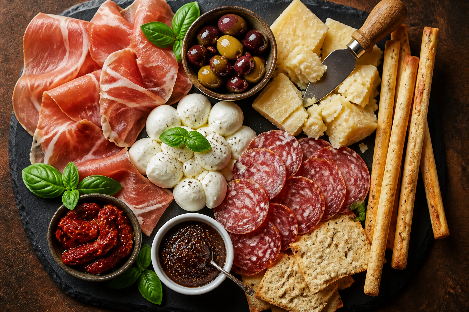Classic Italian charcuterie board with prosciutto, salami, aged Parmesan, mozzarella, and olives on slate