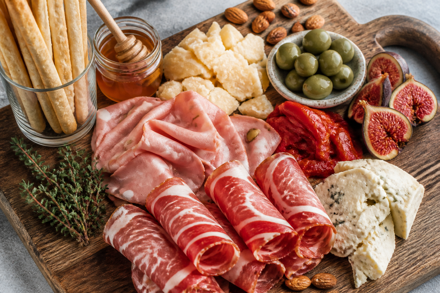 Italian meat and cheese board with capicola, mortadella, pecorino, gorgonzola, olives, and fresh figs