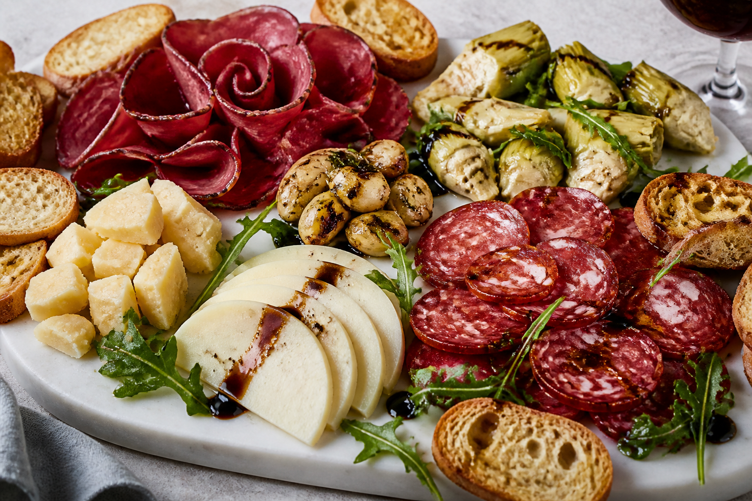 Abundant Italian charcuterie with bresaola, Asiago, provolone, calabrese salami, artichokes, and balsamic glaze