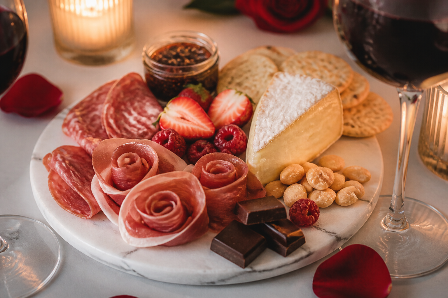 Romantic charcuterie board for two with prosciutto, brie, berries, dark chocolate, and wine glasses
