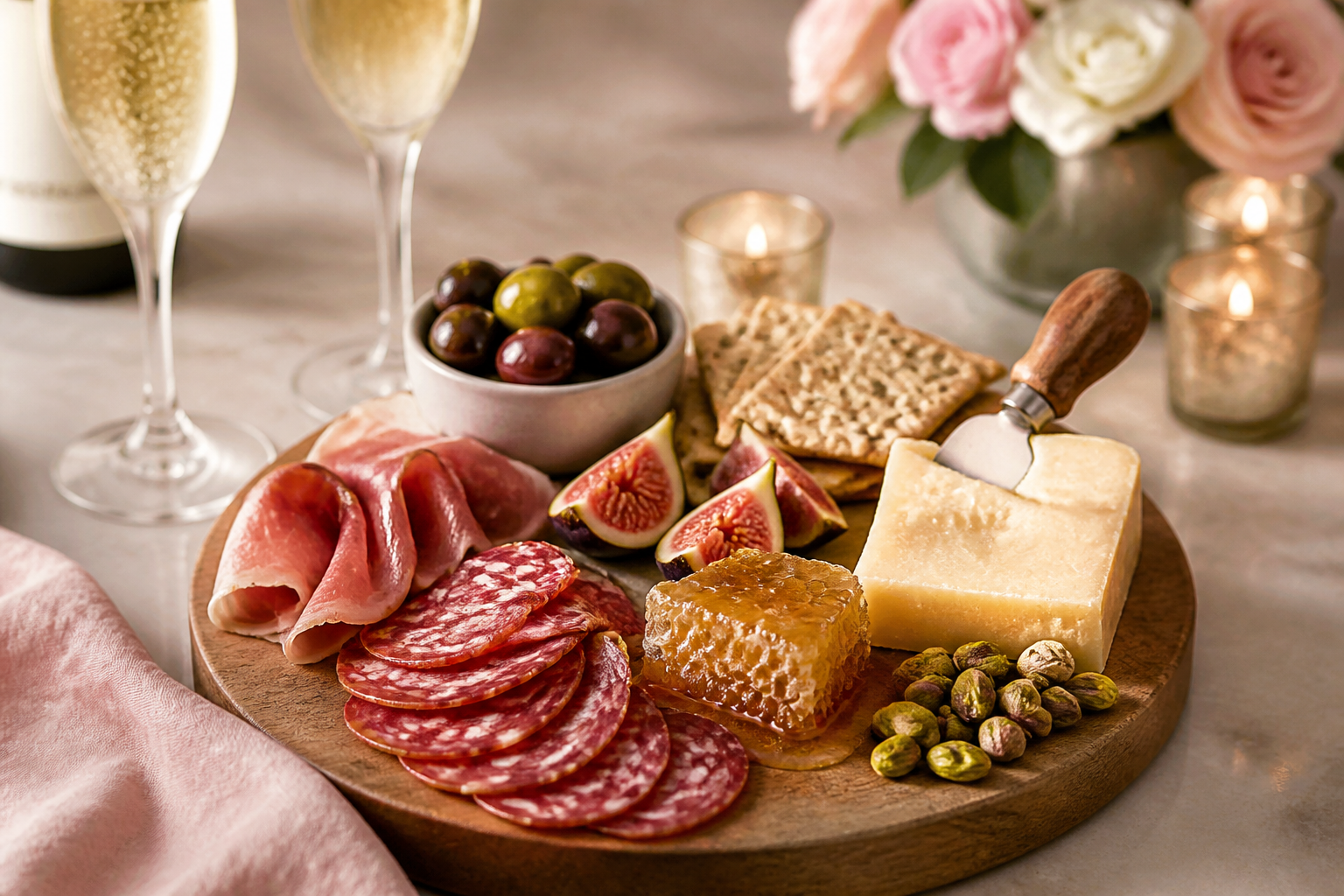 Elegant date night board with duck prosciutto, manchego, sopressata, honeycomb, figs, and champagne