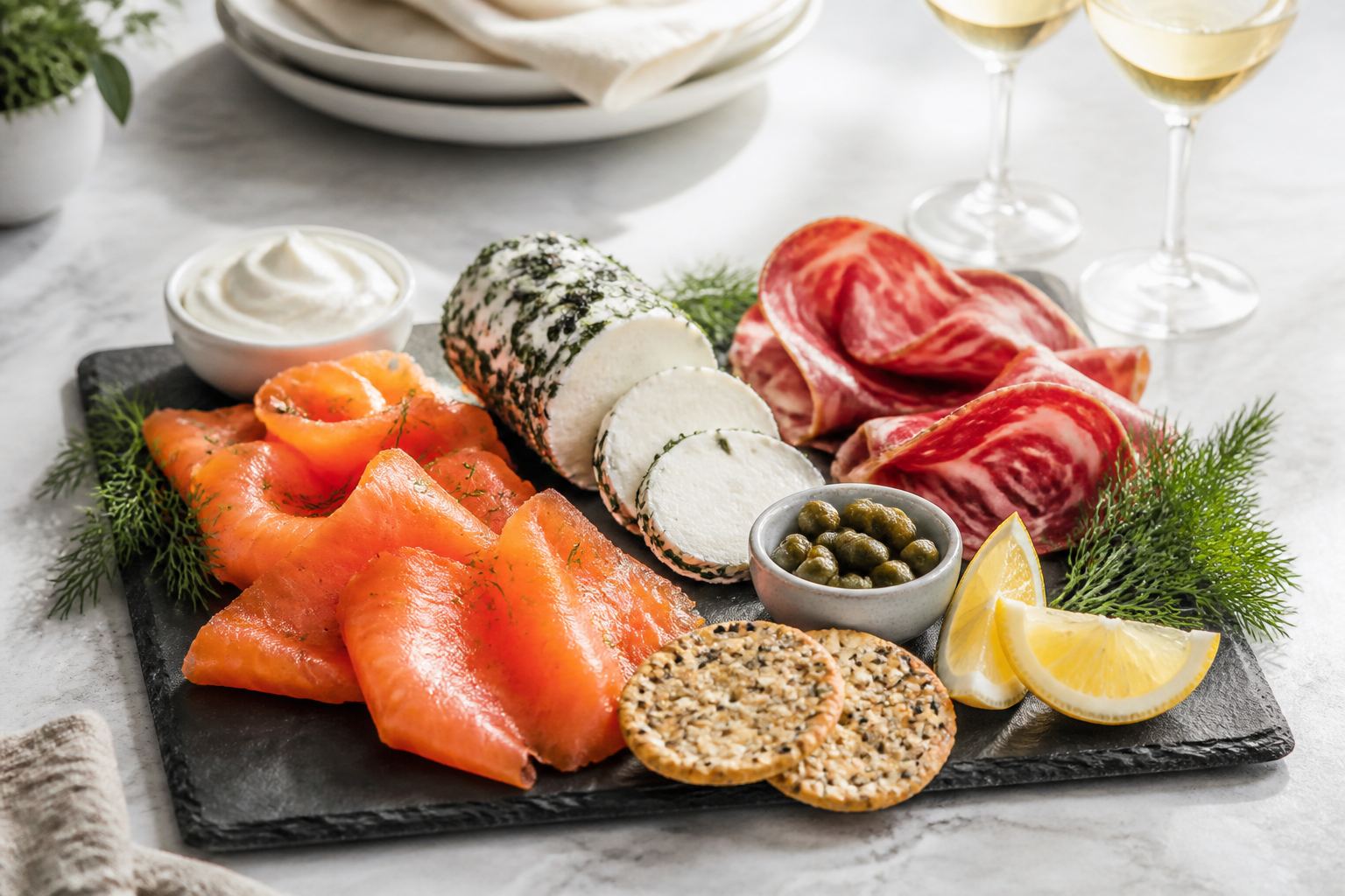 Sophisticated two-person board with smoked salmon, herbed goat cheese, coppa, capers, and white wine
