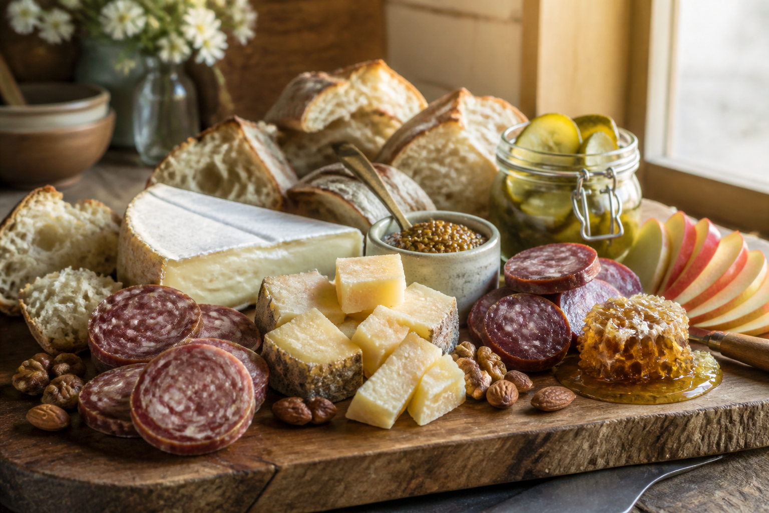 Rustic farmhouse charcuterie board with thick-cut salami, aged cheddar, summer sausage, pickles, and honeycomb