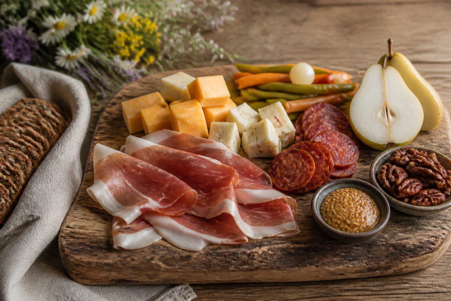 Country-style meat board with smoked ham, pepper jack, pepperoni, pickled vegetables, and candied pecans