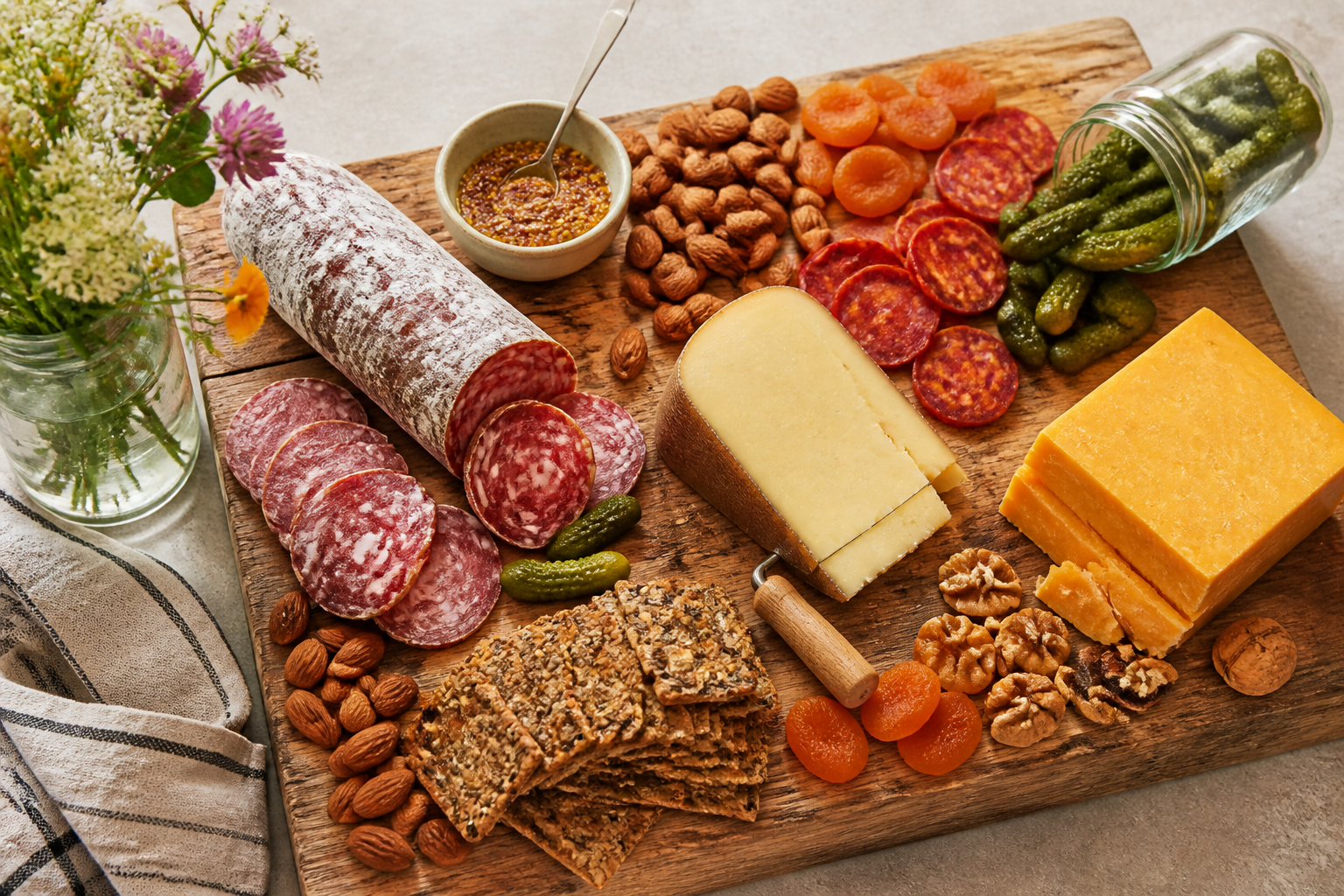 Abundant farmhouse board with whole salami, aged Gouda, chorizo, cornichons, nuts, and dried fruit