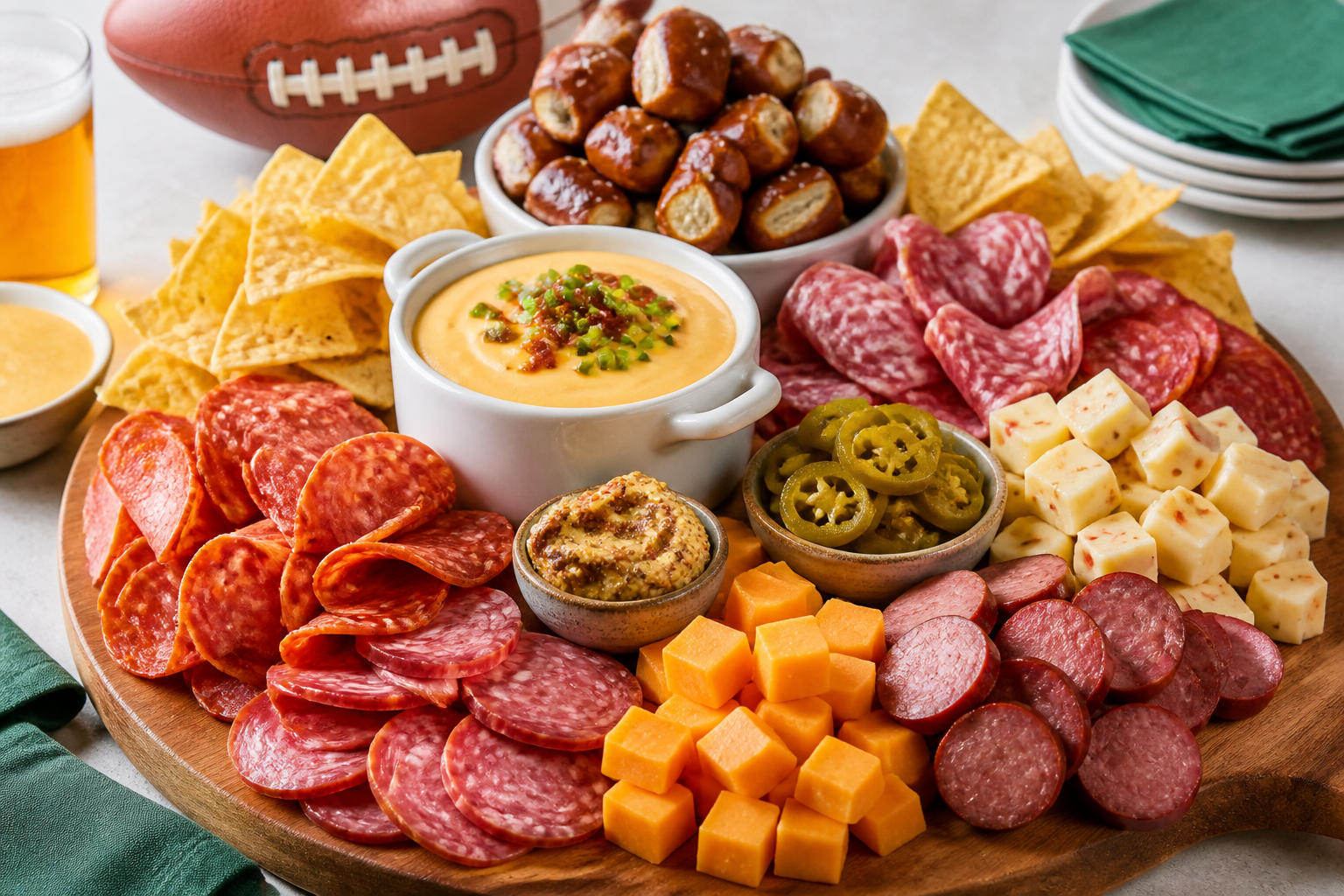 Abundant game day charcuterie spread with pepperoni, salami, summer sausage, beer cheese, and pretzels