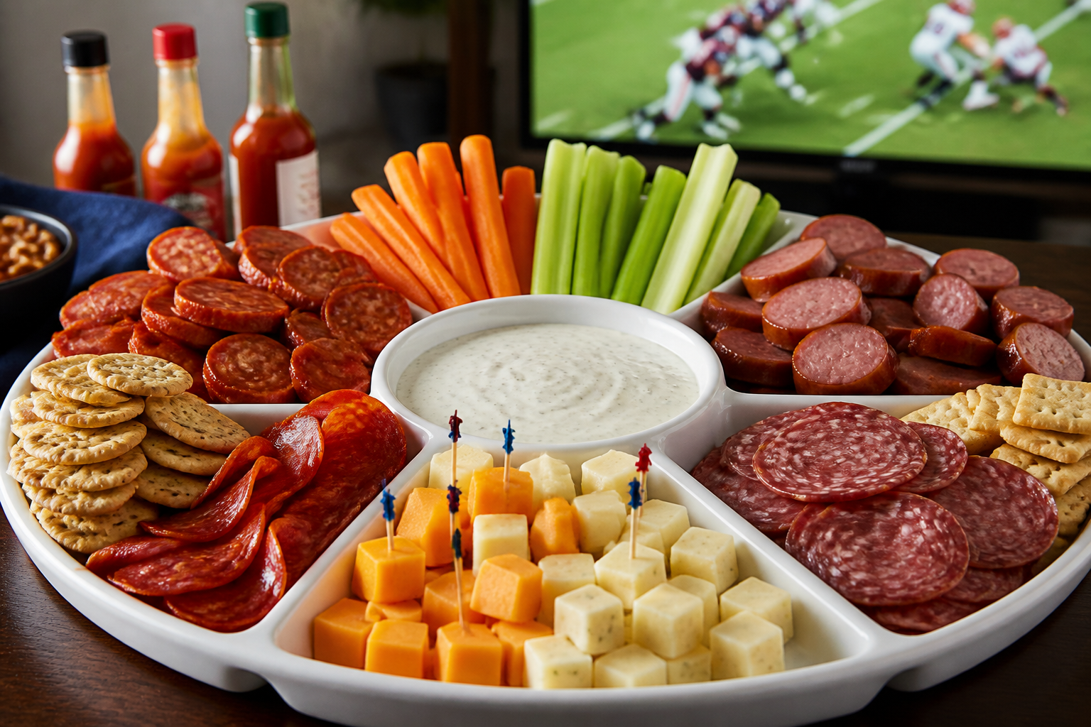 Game day meat platter with Italian sausage, kielbasa, salami, cheese cubes, ranch dip, and vegetables
