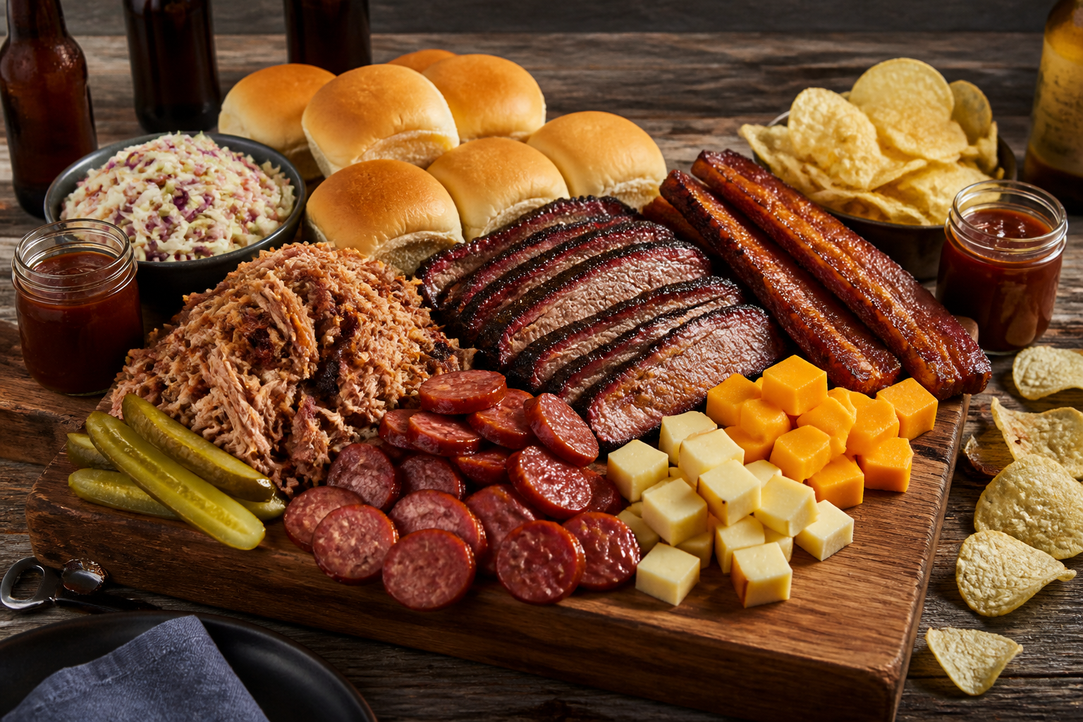 BBQ-style game day board with pulled pork, brisket, summer sausage, smoked Gouda, and slider buns