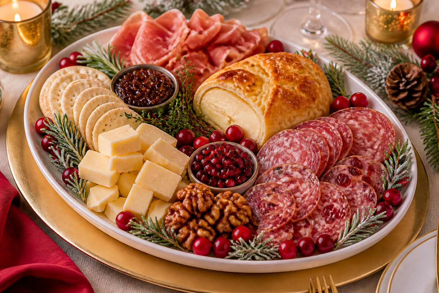Elegant Christmas charcuterie board with prosciutto, truffle salami, brie en croute, cranberries, and pomegranate