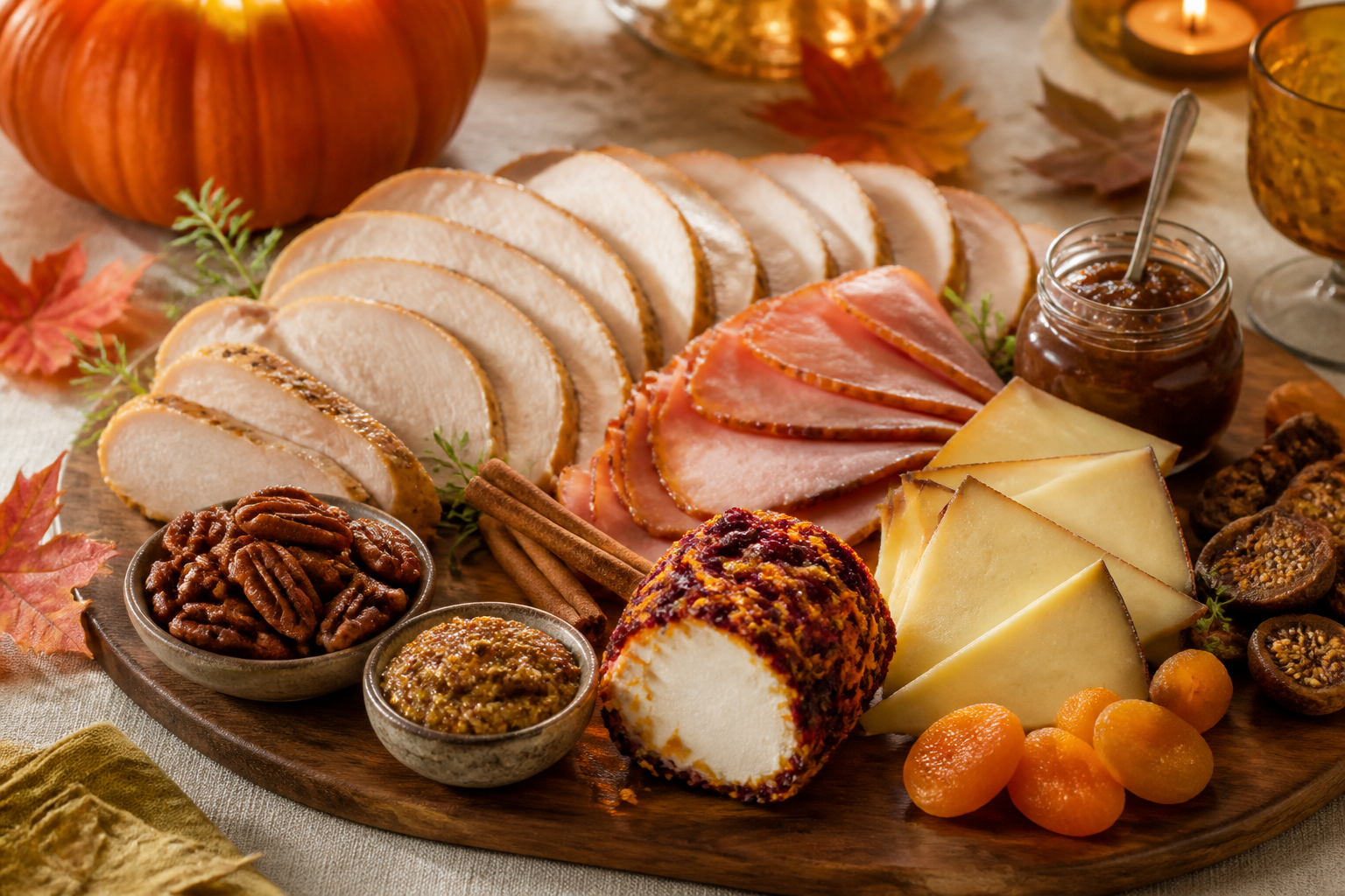 Thanksgiving charcuterie board with turkey, smoked ham, cranberry goat cheese, dried fruit, and fall garnishes