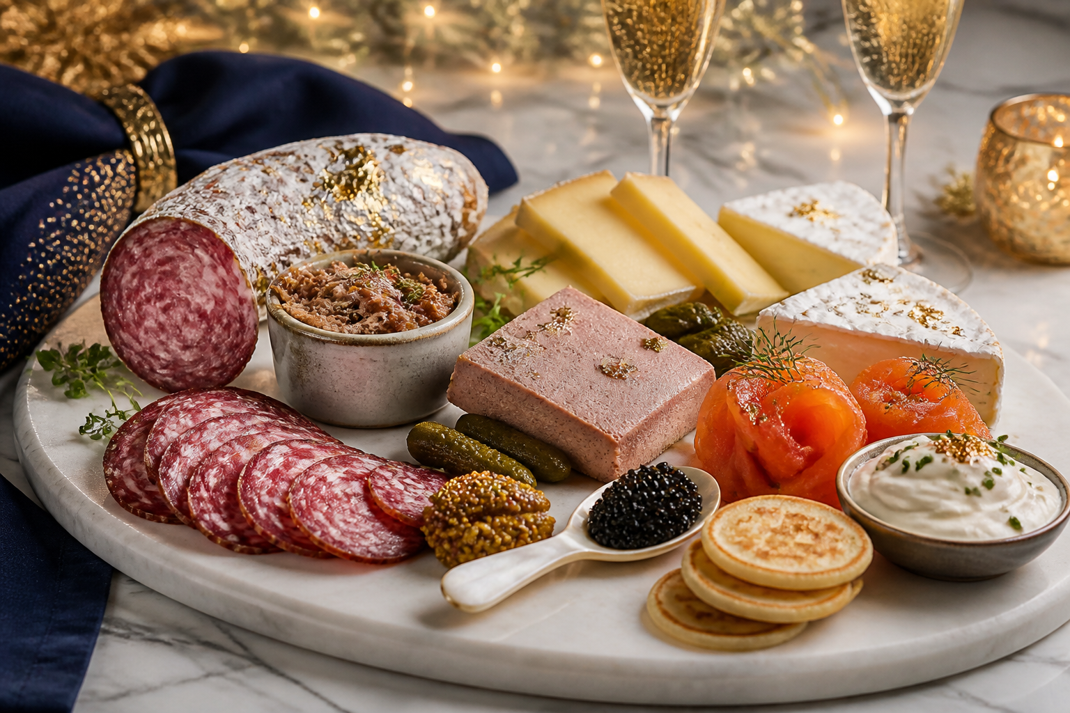 Luxurious New Year's Eve board with champagne salami, duck rillettes, pâté, smoked salmon, and caviar