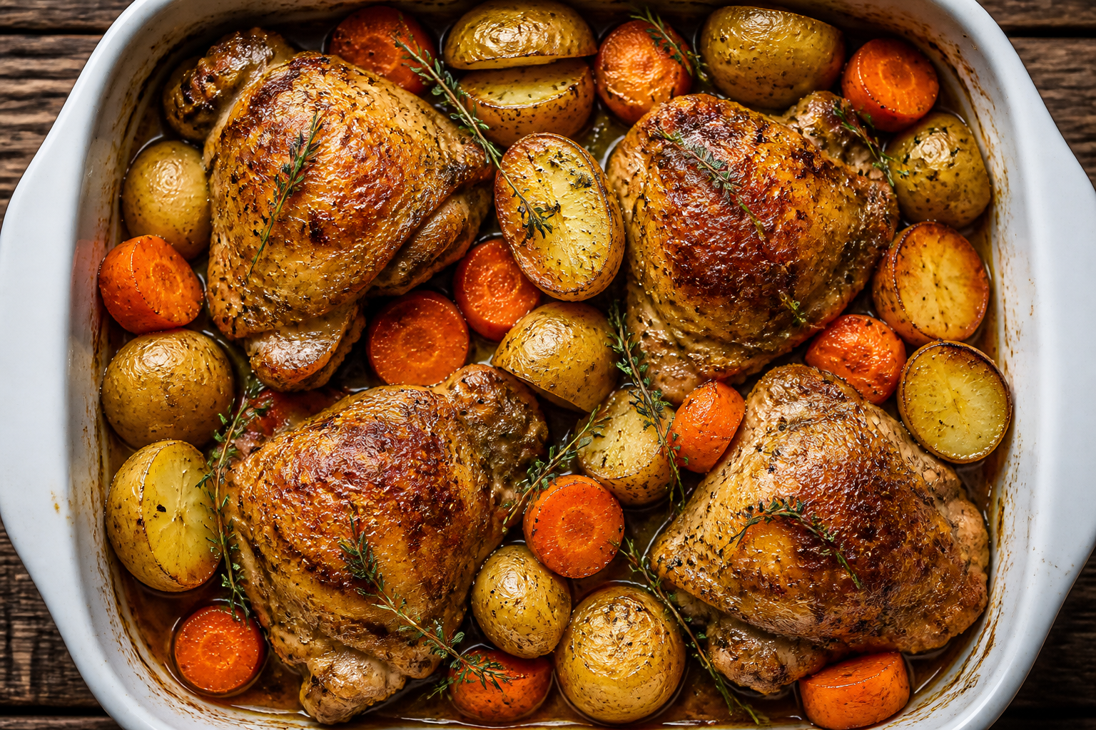 Crispy baked chicken thighs with roasted potatoes and carrots in white baking dish