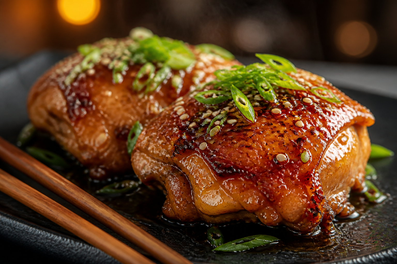 Honey garlic glazed chicken thighs with sesame seeds and green onions on slate plate