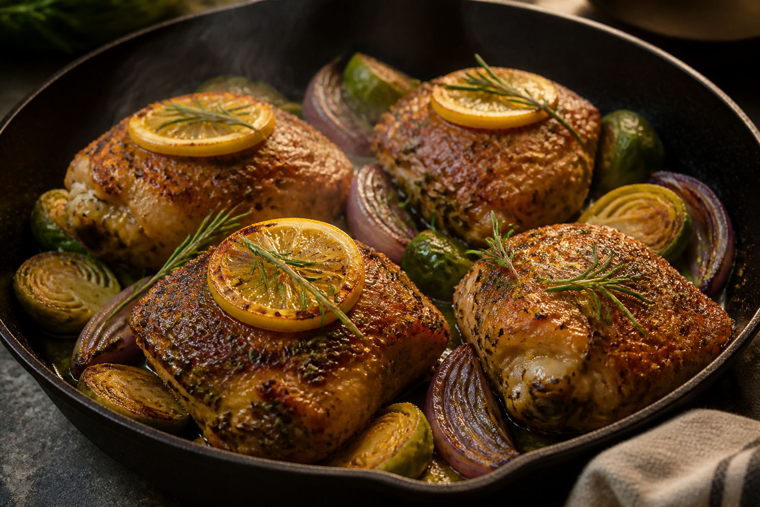 Herb-crusted chicken thighs with lemon, rosemary, and Brussels sprouts in cast iron skillet
