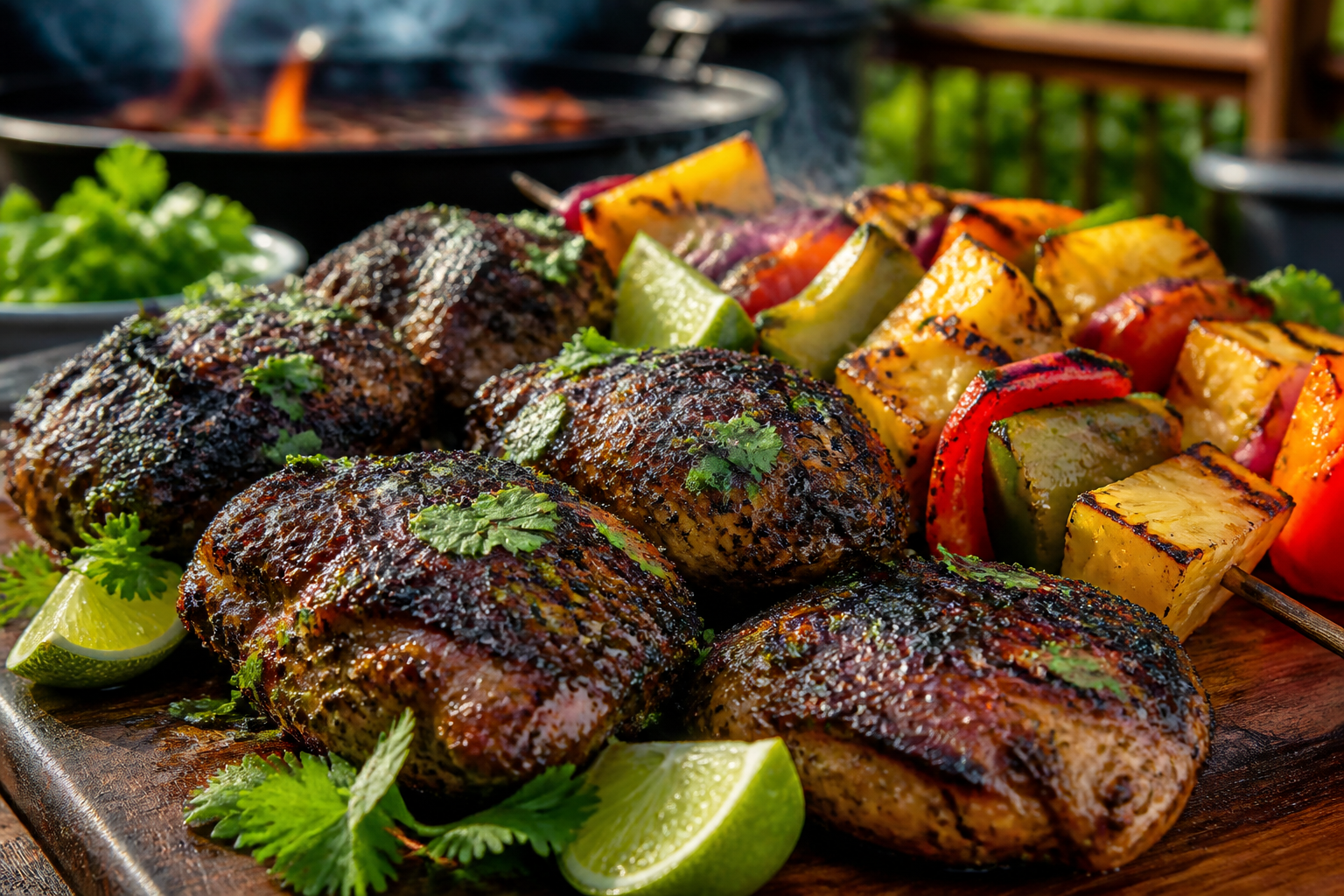 Jerk seasoned grilled chicken thighs with lime wedges and grilled pineapple skewers