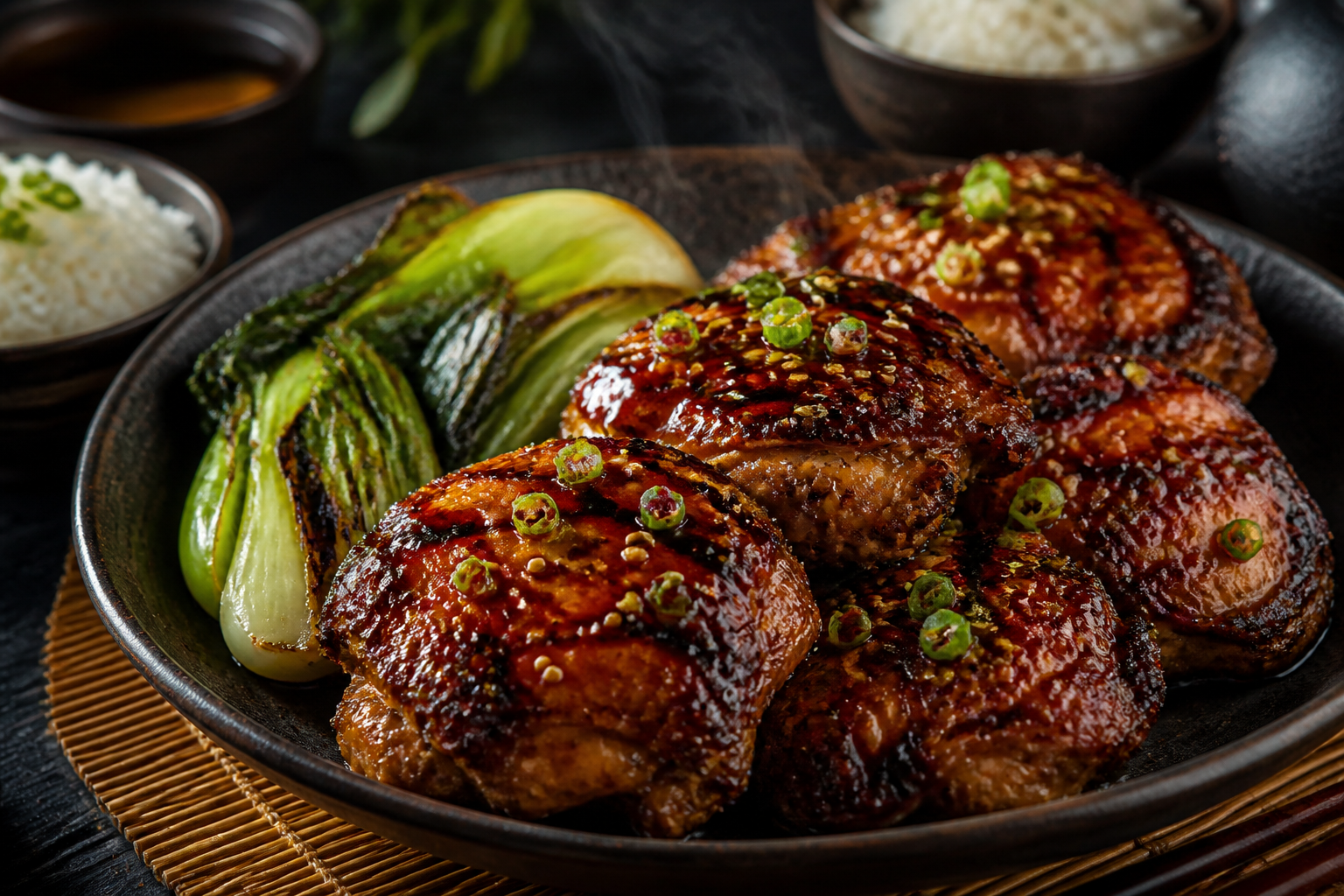 Teriyaki glazed grilled chicken thighs with sesame seeds, bok choy, and rice