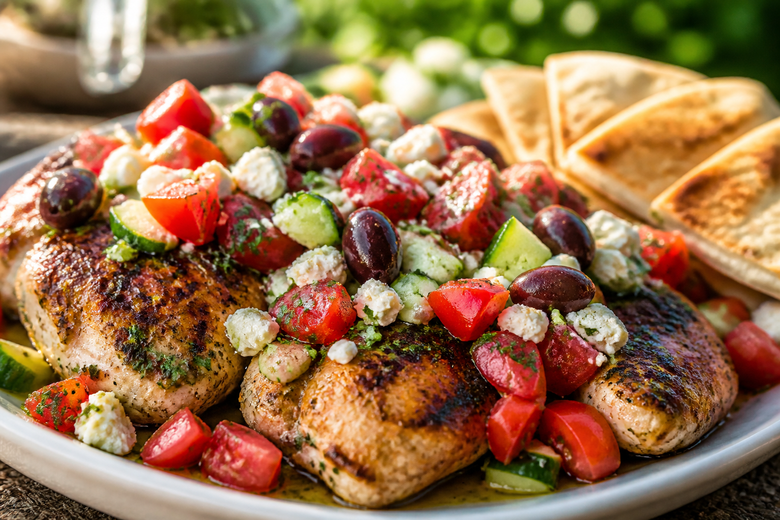 Mediterranean grilled chicken thighs topped with tomato cucumber salad and feta cheese
