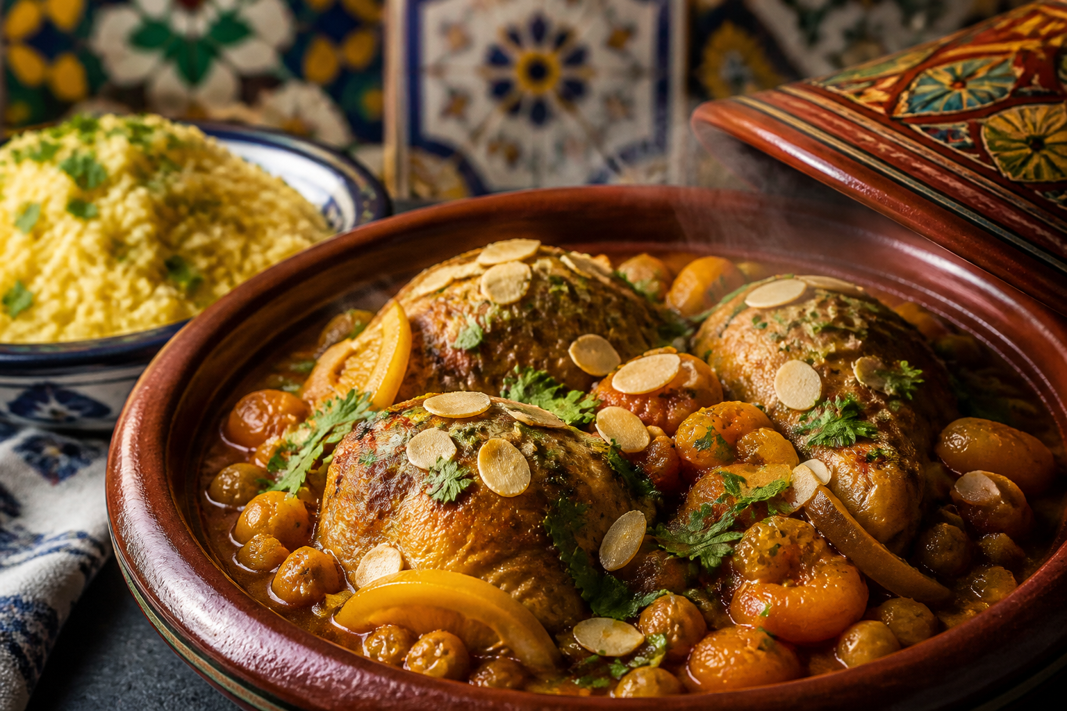 Moroccan chicken tagine with apricots, preserved lemons, and chickpeas served with couscous