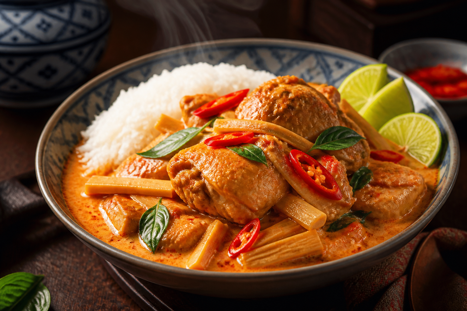 Thai red curry chicken thighs with bamboo shoots and basil over jasmine rice