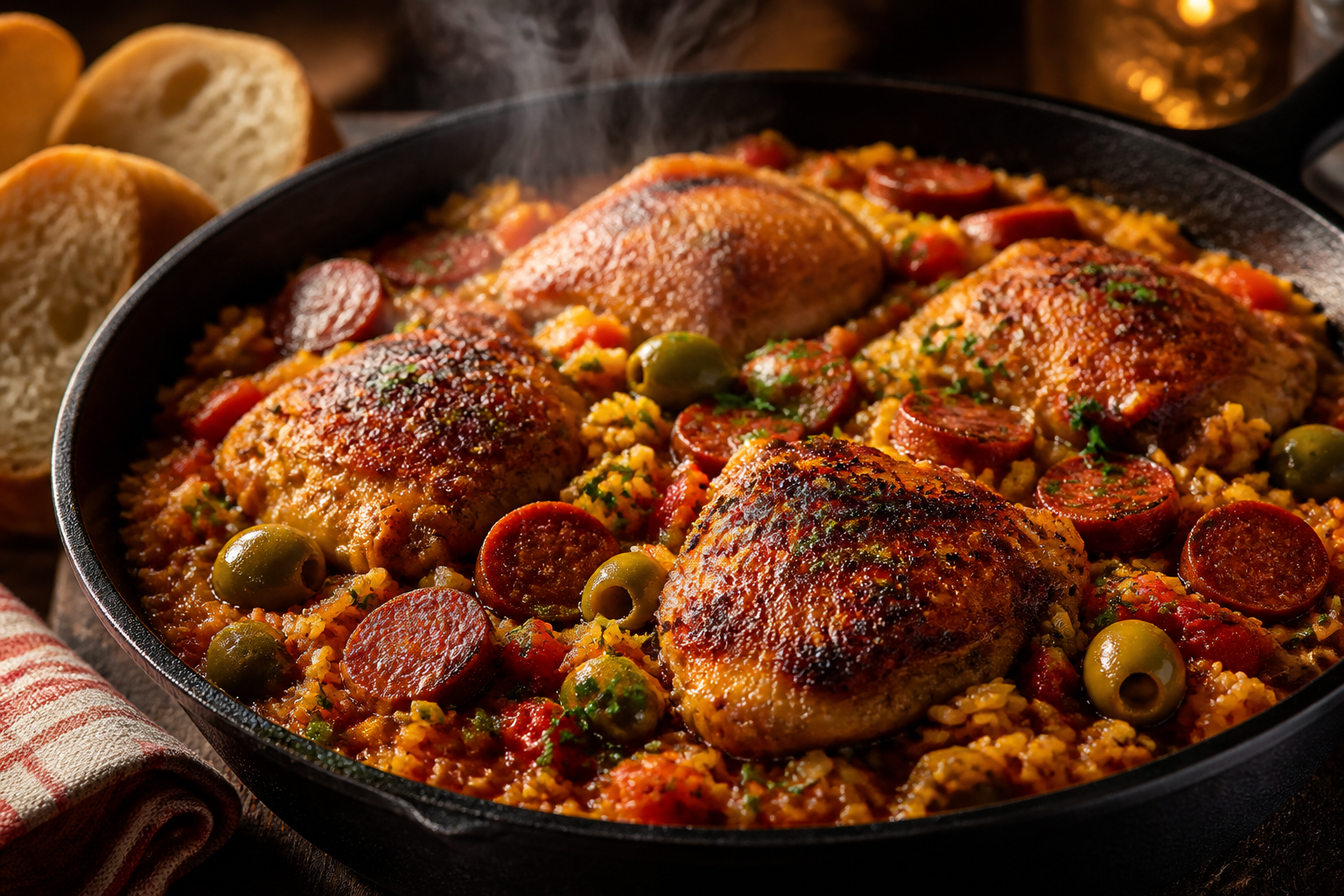 Spanish chicken thighs with chorizo, olives, and saffron rice in cast iron skillet