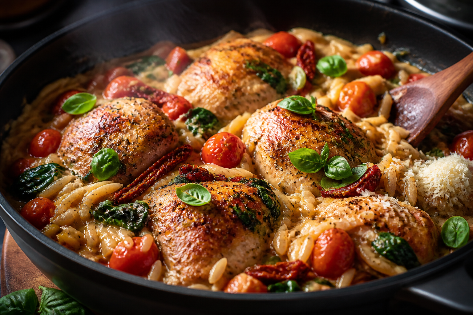 One-pan creamy orzo with chicken thighs, cherry tomatoes, and spinach in skillet