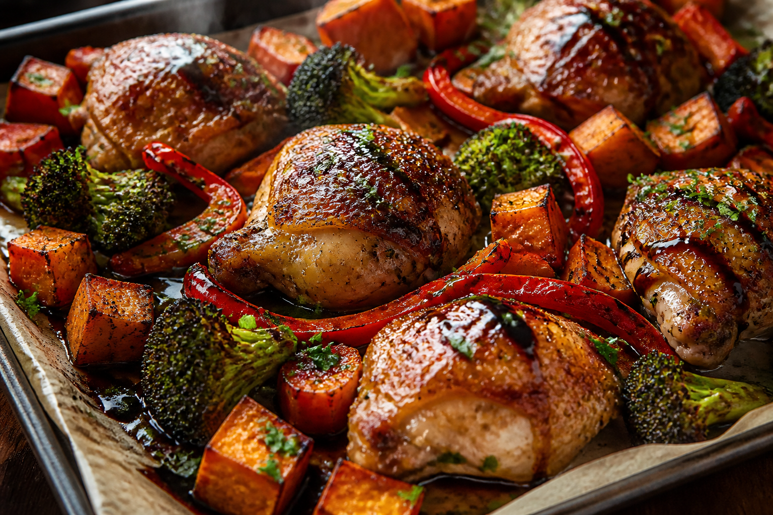 Sheet pan chicken thighs with roasted sweet potatoes, broccoli, and bell peppers